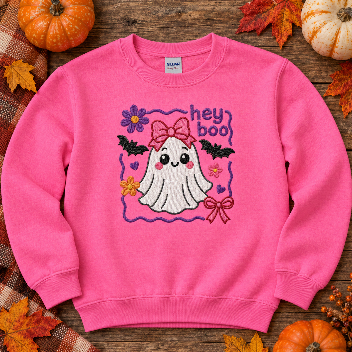 Safety Pink youth Halloween sweatshirt flat lay with Hey Boo ghost embroidery