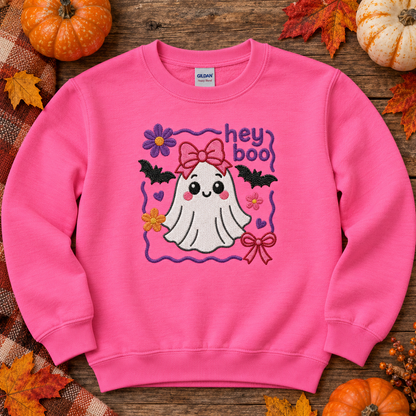 Safety Pink youth Halloween sweatshirt flat lay with Hey Boo ghost embroidery