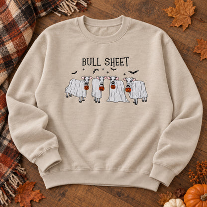 Sand Bull Sheet cow ghost embroidered Halloween sweatshirt arranged completely flat in an autumn flat lay