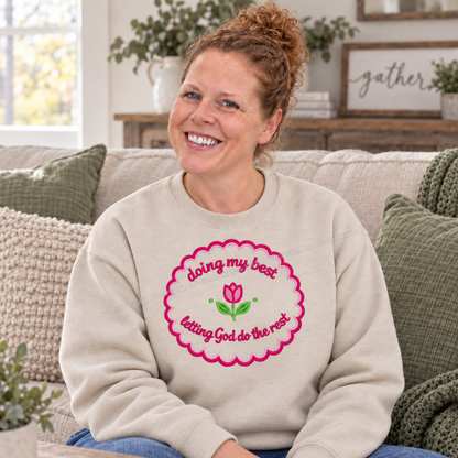 Sand Christian encouragement embroidered sweatshirt in farmhouse living room
