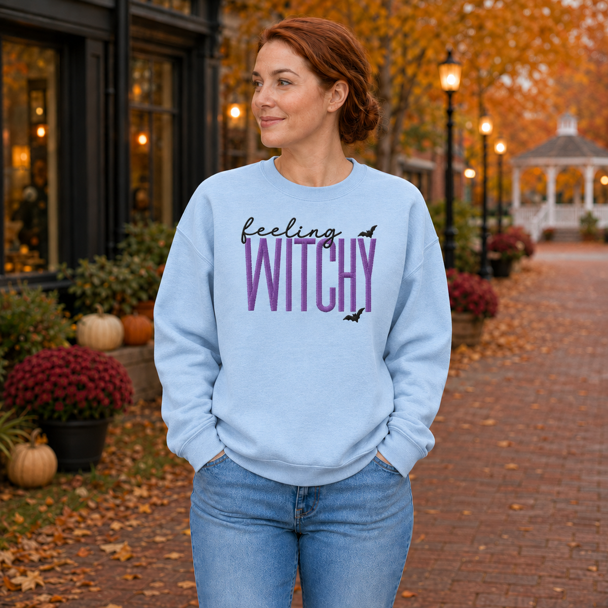 Woman wearing Light Blue Feeling Witchy embroidery sweatshirt