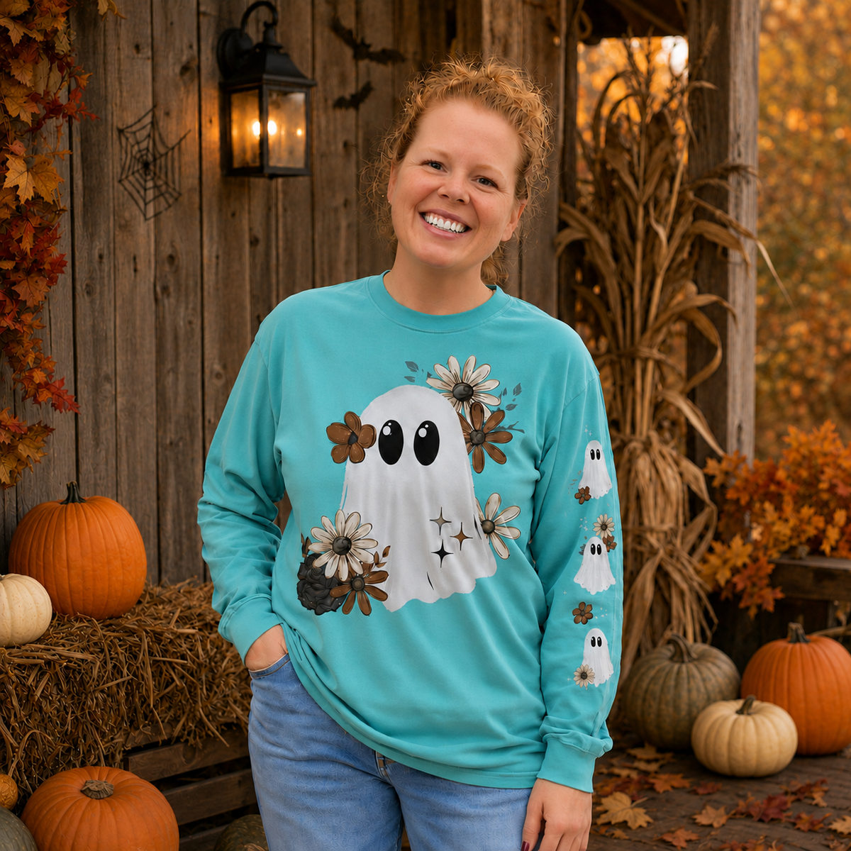 Woman wearing an Island Reef Comfort Colors 6014 floral ghost Halloween long-sleeve shirt
