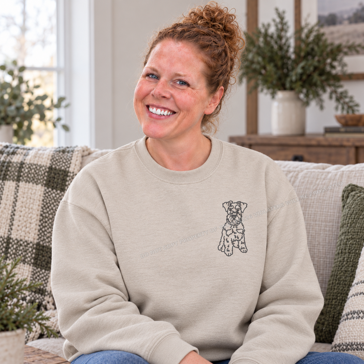 Sand Schnauzer embroidered sweatshirt styled in a neutral farmhouse living room