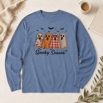 Blue Jean Comfort Colors 6014 long-sleeve shirt with four patterned ghosts and Spooky Season script.