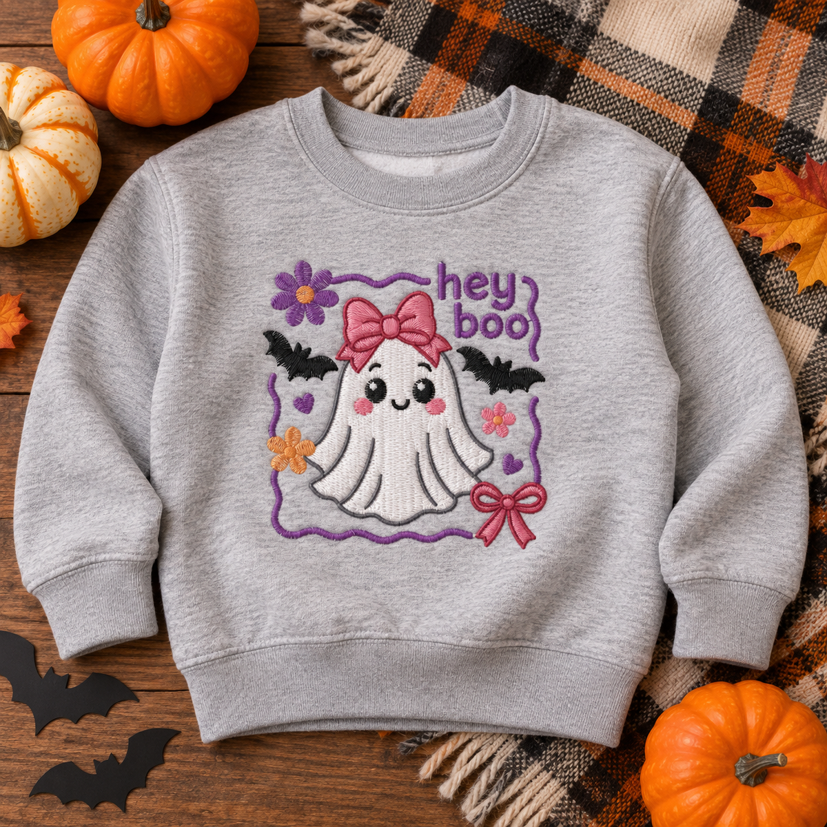 Heather toddler embroidered Halloween sweatshirt flat lay with cute ghost and bow