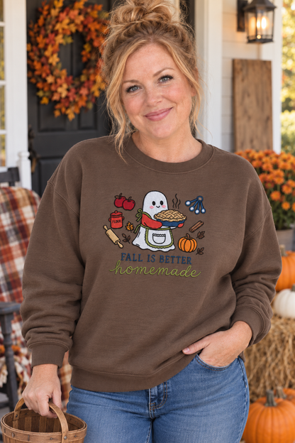 Woman wearing a Brown Savanna Fall Is Better Homemade embroidered ghost baker sweatshirt