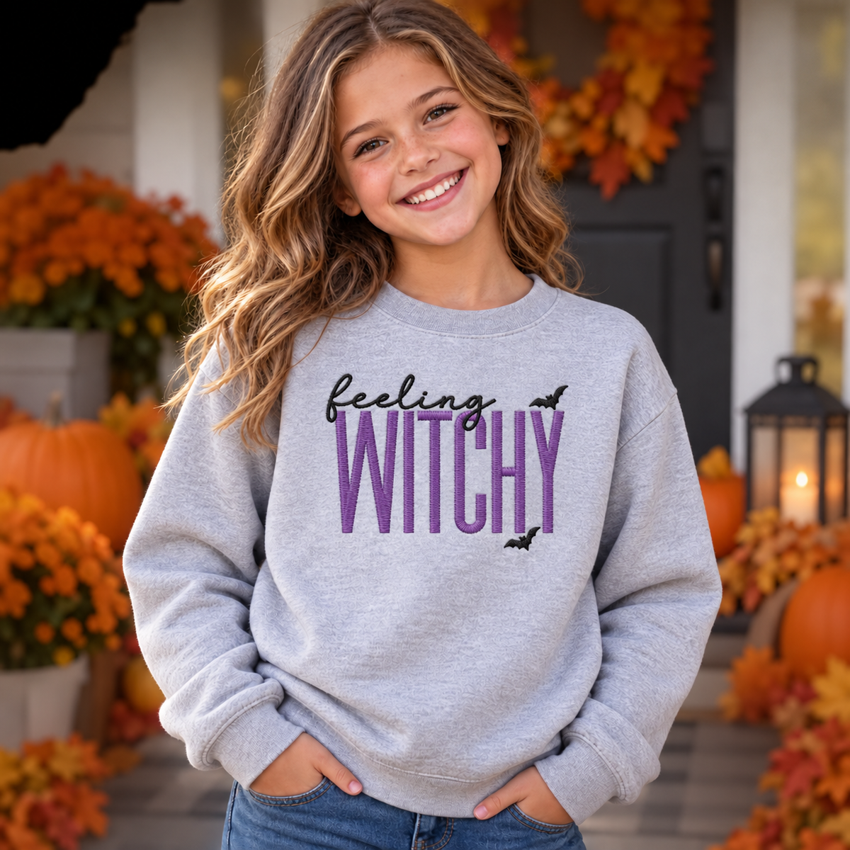Girl wearing Sport Grey youth Feeling Witchy embroidered sweatshirt