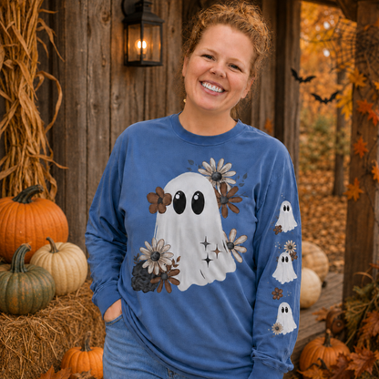 Close-up of Blue Jean floral ghost Halloween shirt showing the DTG front and sleeve designs