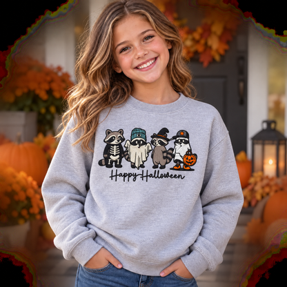 Girl wearing Sport Grey youth embroidered Halloween raccoon sweatshirt