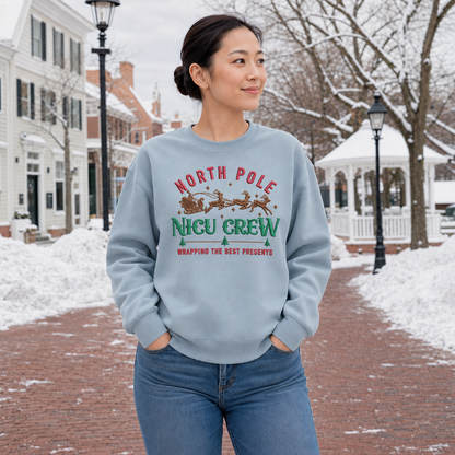North Pole NICU Crew embroidered Stone Blue sweatshirt worn in a snowy town