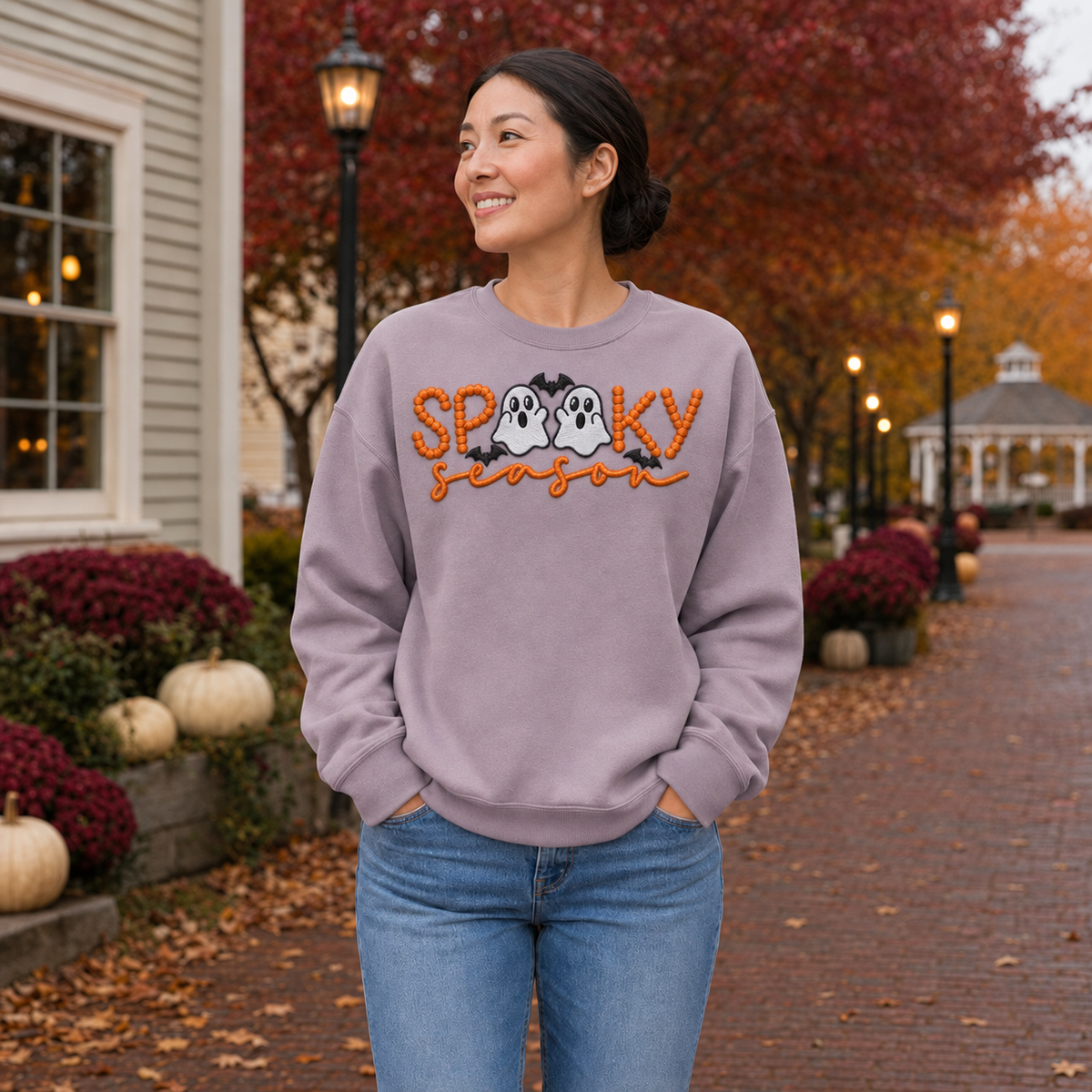 Adult paragon purple Spooky Season ghost embroidered crewneck sweatshirt