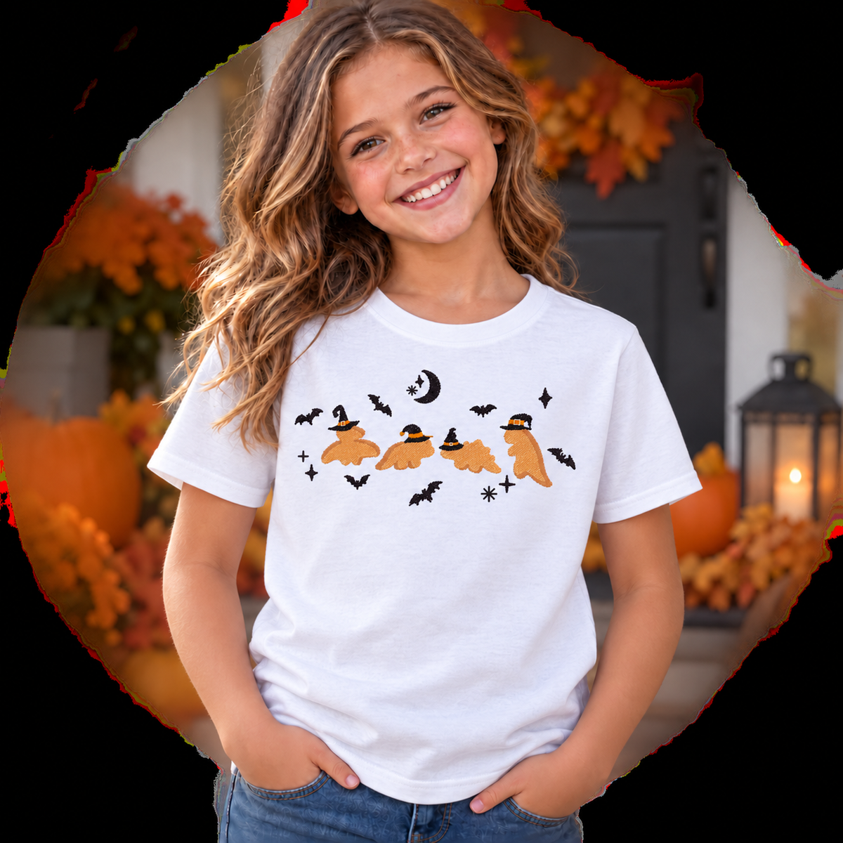 Girl wearing a white youth Dinosaur Witches embroidered Halloween T-shirt