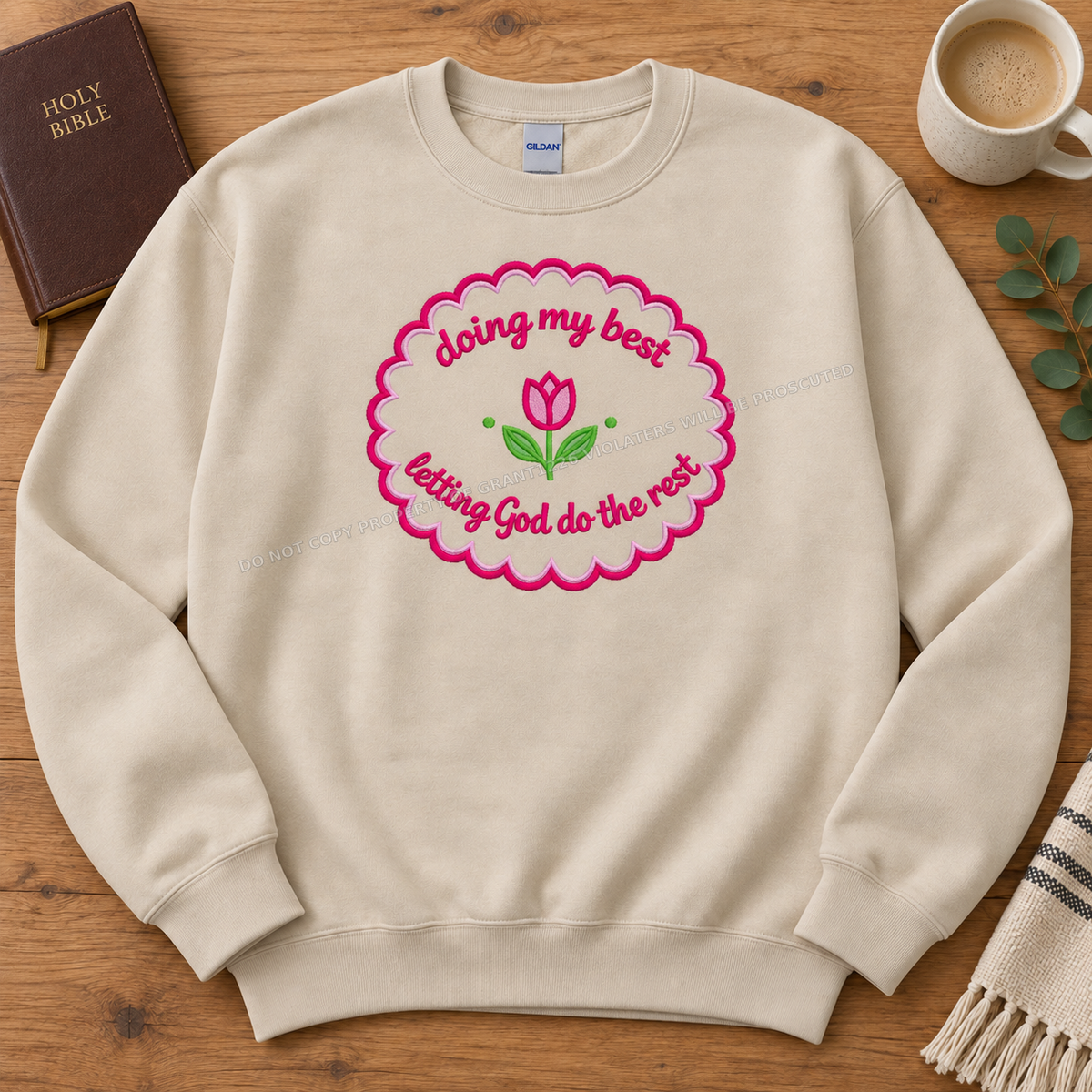 Sand Gildan Softstyle Doing My Best embroidered sweatshirt flat lay