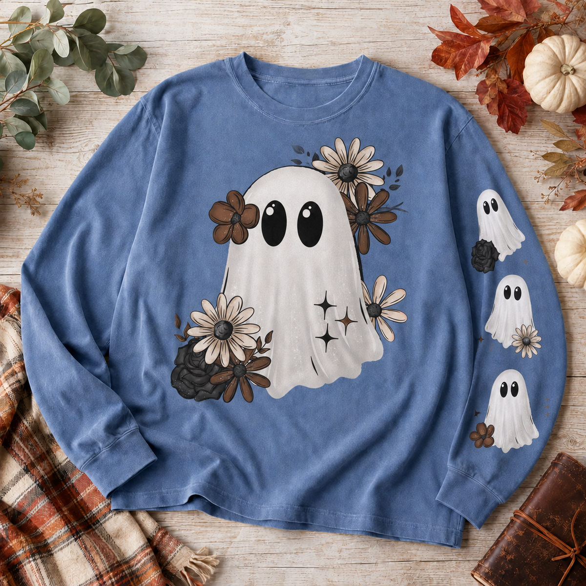 Blue Jean Comfort Colors 6014 floral ghost Halloween long-sleeve shirt flat lay