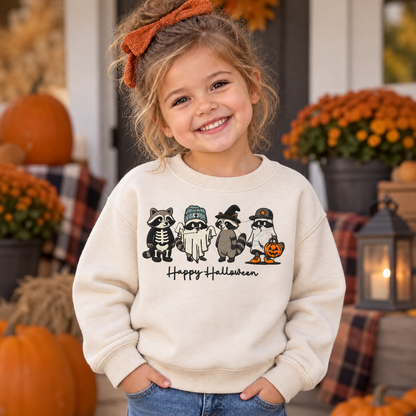 Toddler girl wearing Natural Happy Halloween raccoon embroidered sweatshirt