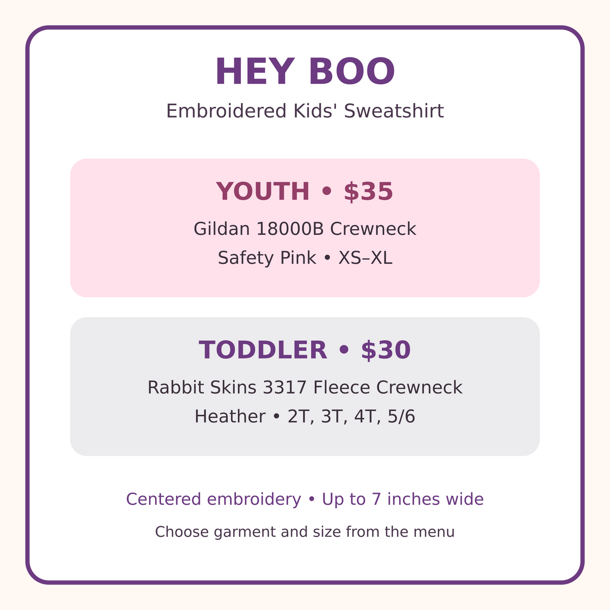 Youth and toddler Hey Boo embroidered sweatshirt styles sizes and prices