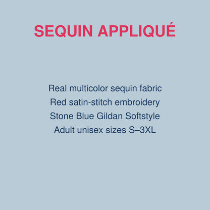 Product details for multicolor sequin MERRY applique Gildan Softstyle sweatshirt