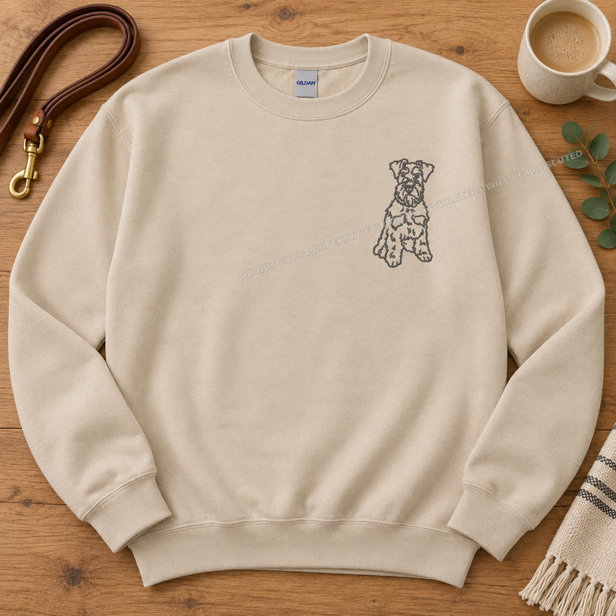 Sand Gildan Softstyle Schnauzer embroidered sweatshirt flat lay