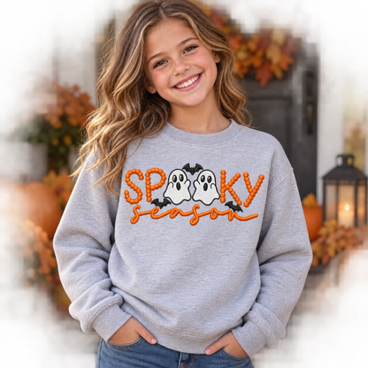 Youth sport grey ghost embroidered Halloween sweatshirt with orange Spooky Season design