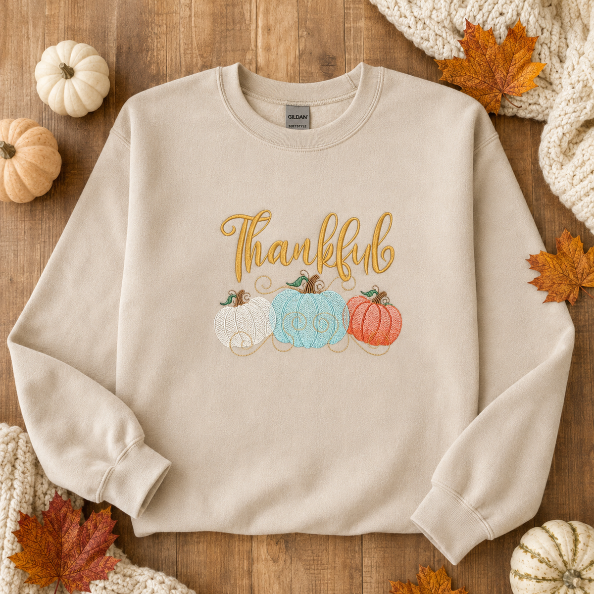 Sand Gildan Softstyle Thankful pumpkin embroidered sweatshirt fall flat lay