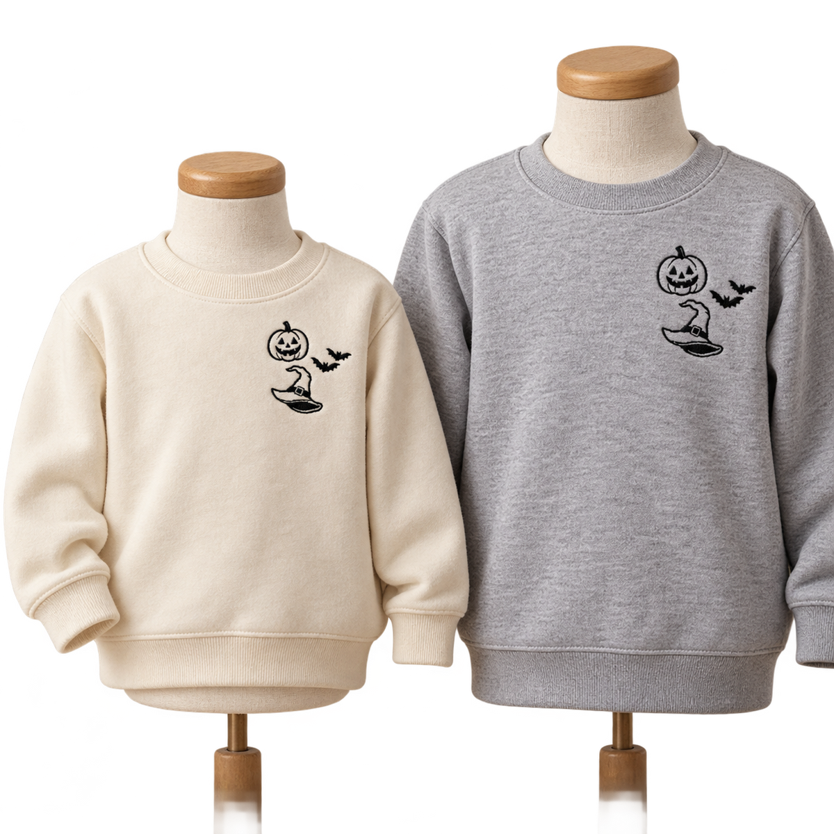 Natural toddler and Sport Grey youth sweatshirts with matching black Halloween left-chest embroidery.
