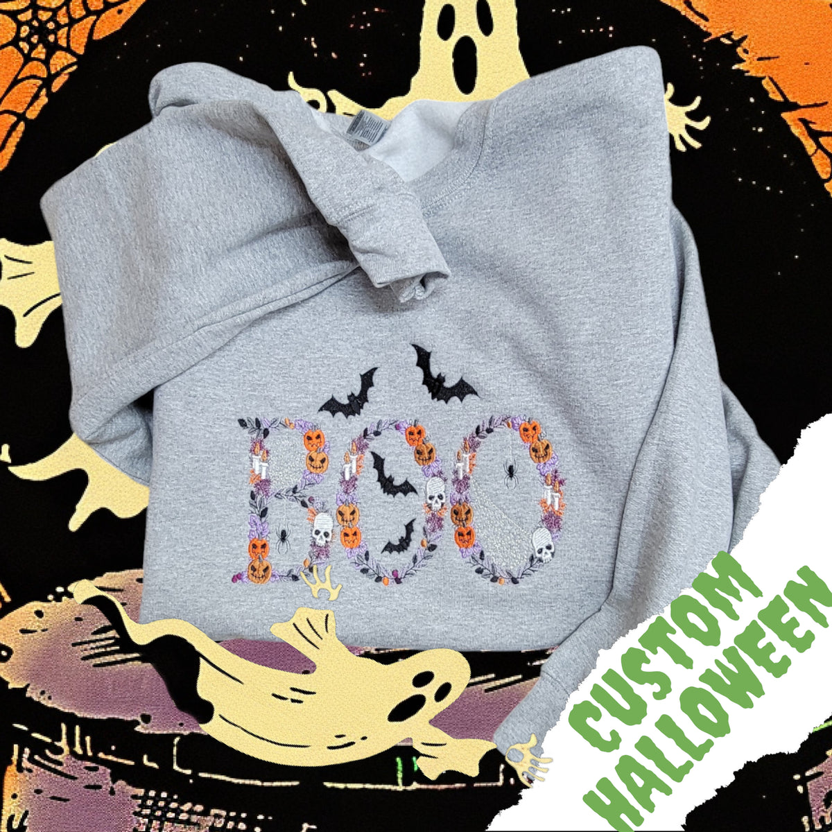 Real Ash Gildan sweatshirt embroidered with botanical BOO letters, pumpkins, skulls, candles and bats