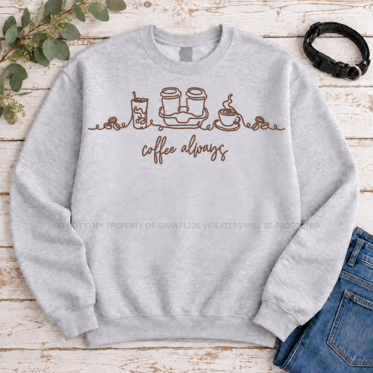 Ash Coffee Always embroidered Gildan Softstyle sweatshirt arranged completely flat