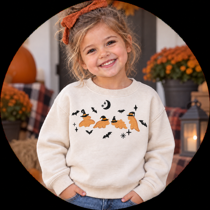 Toddler girl wearing a Natural Dinosaur Witches embroidered Halloween sweatshirt