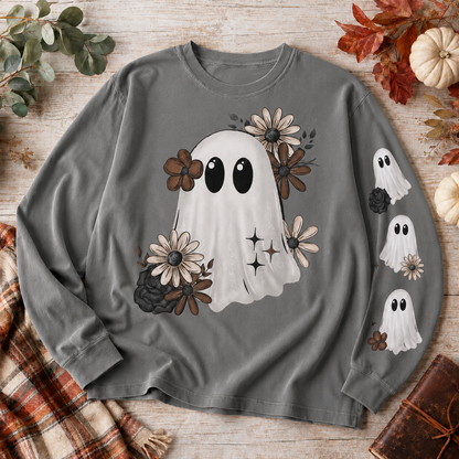 Grey Comfort Colors 6014 floral ghost Halloween long-sleeve shirt flat lay with sleeve print