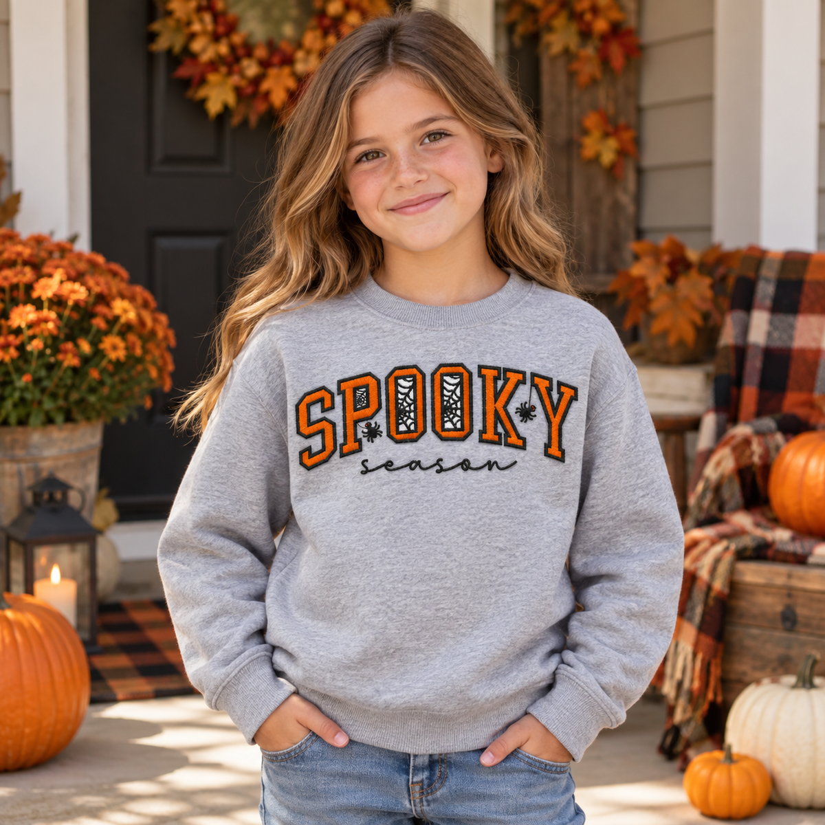 Girl wearing a Heather Gray LAT youth Spooky Season embroidered sweatshirt