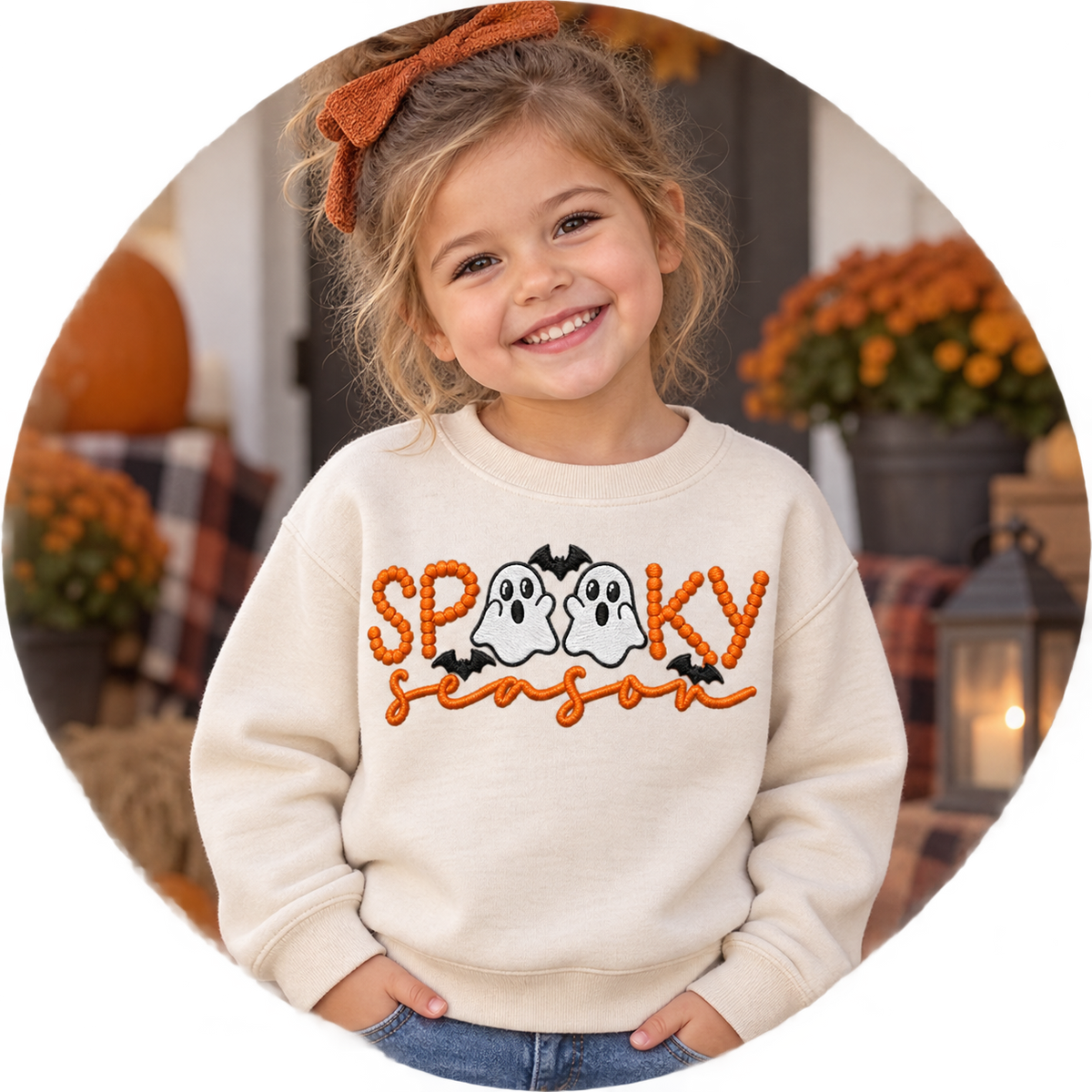 Toddler natural ghost embroidered Halloween sweatshirt with orange Spooky Season design