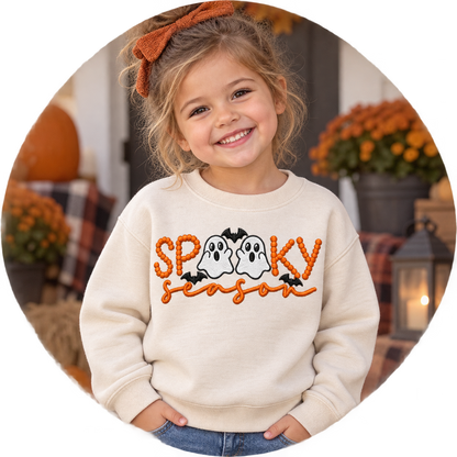 Toddler natural ghost embroidered Halloween sweatshirt with orange Spooky Season design