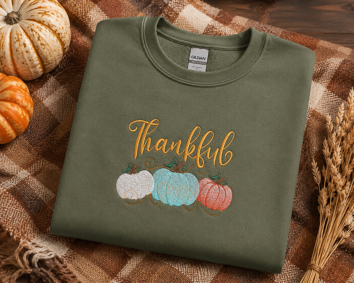 Military Green Gildan Softstyle Thankful pumpkin embroidered sweatshirt fall flat lay