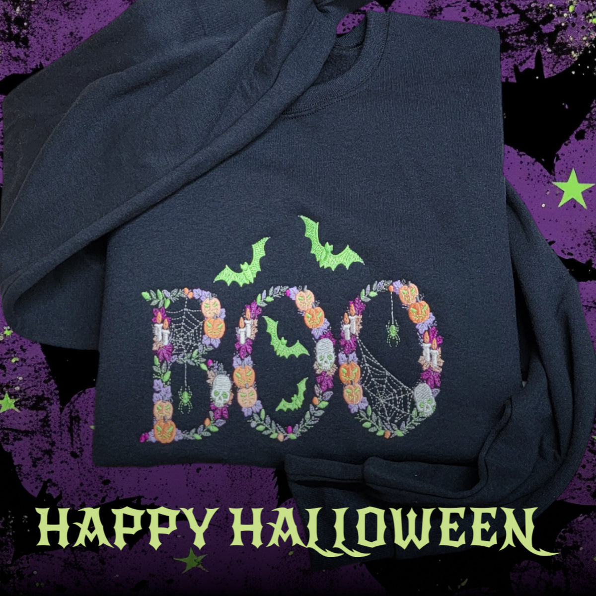 Real Black sweatshirt with colorful Botanical BOO Halloween embroidery and lime green bats