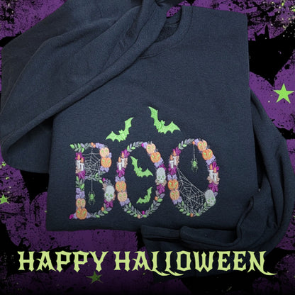 Real Black sweatshirt with colorful Botanical BOO Halloween embroidery and lime green bats