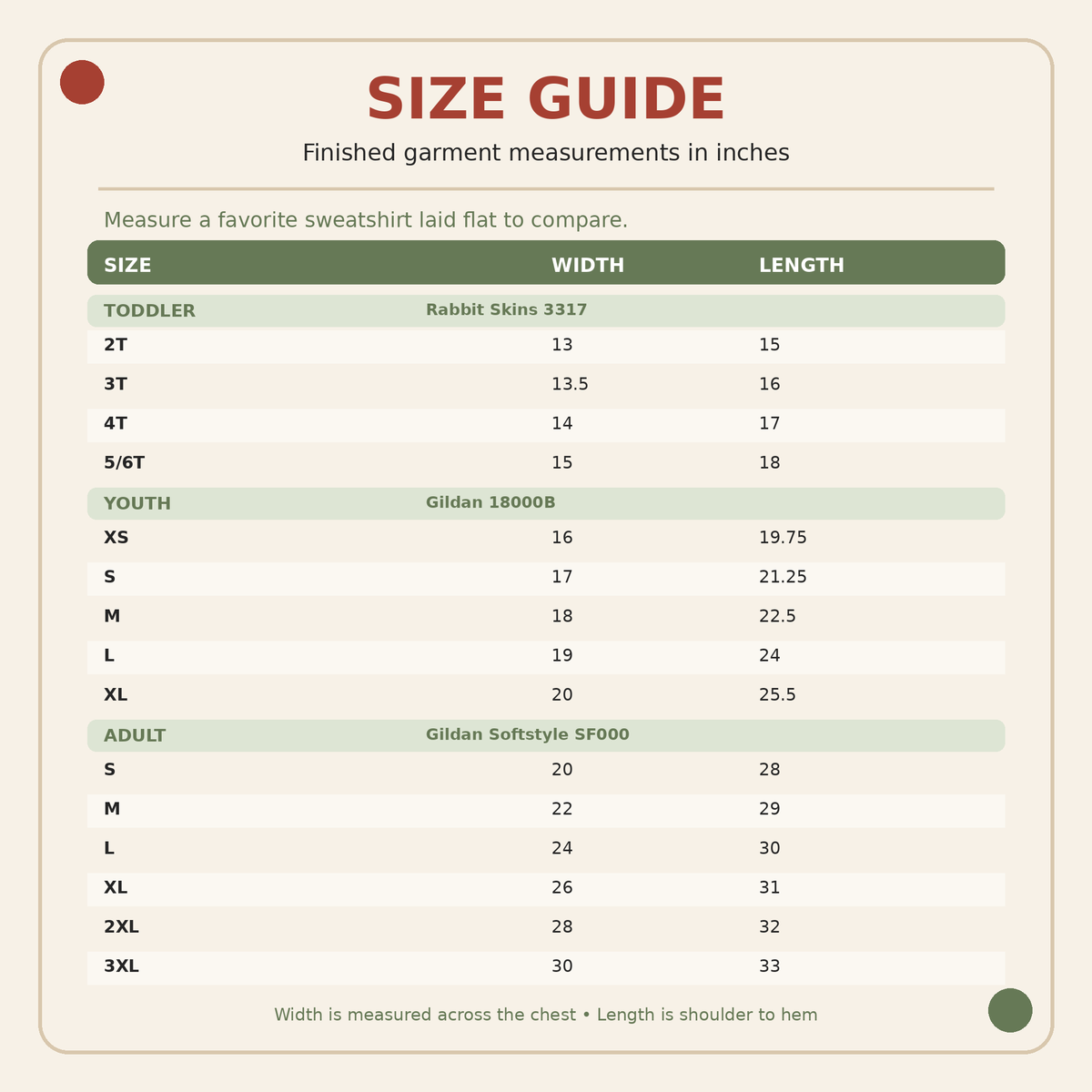 Size chart for Rabbit Skins toddler Gildan youth and Gildan Softstyle adult sweatshirts