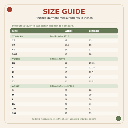 Size chart for Rabbit Skins toddler Gildan youth and Gildan Softstyle adult sweatshirts