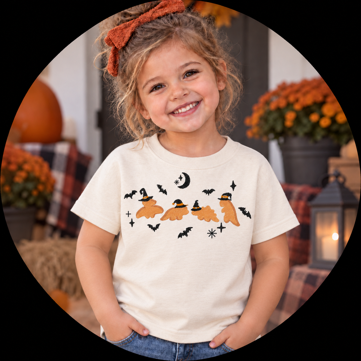 Toddler girl wearing a Natural Dinosaur Witches embroidered Halloween T-shirt