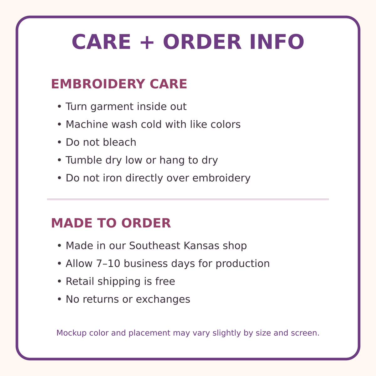 Embroidery care made-to-order production and return information for kids sweatshirt