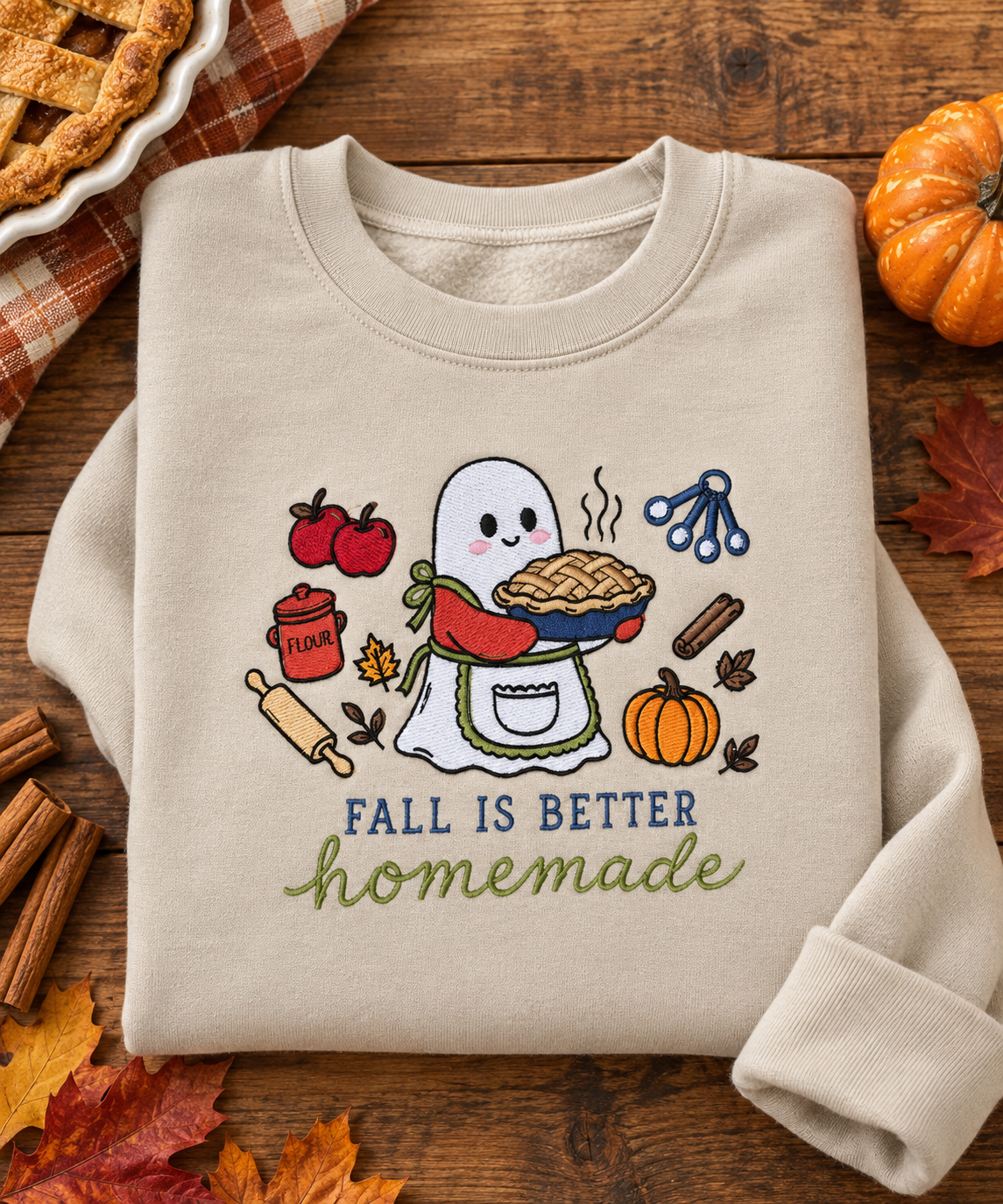 Sand Fall Is Better Homemade embroidered ghost baker sweatshirt styled in a fall baking flat lay