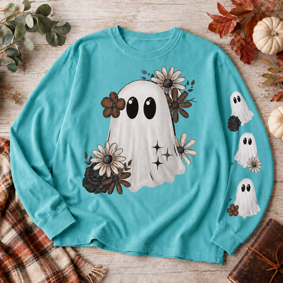 Island Reef Comfort Colors 6014 floral ghost Halloween long-sleeve shirt flat lay