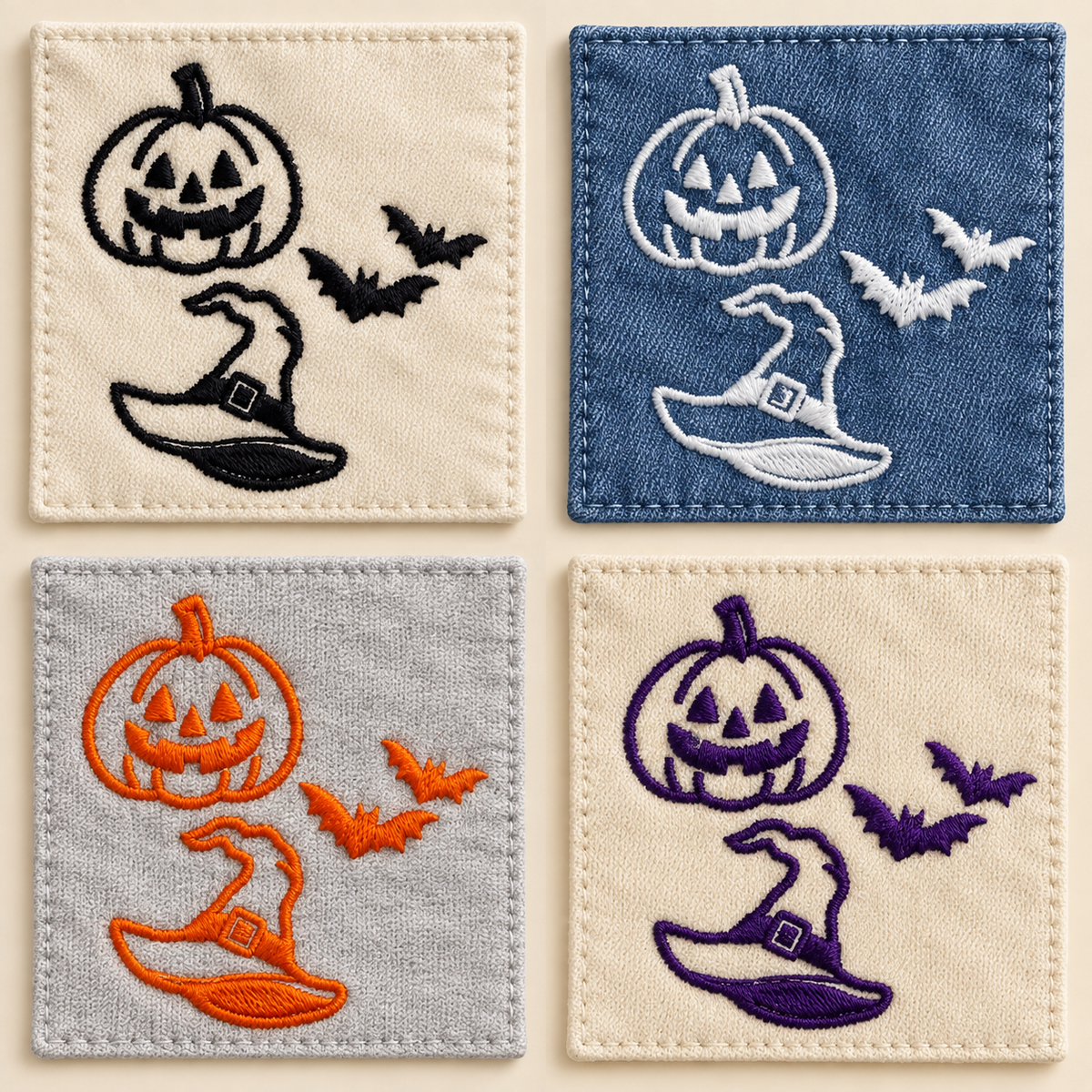 Halloween embroidery thread choices shown in black, white, pumpkin orange, and deep purple.