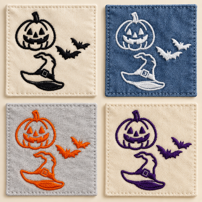 Halloween embroidery thread choices shown in black, white, pumpkin orange, and deep purple.