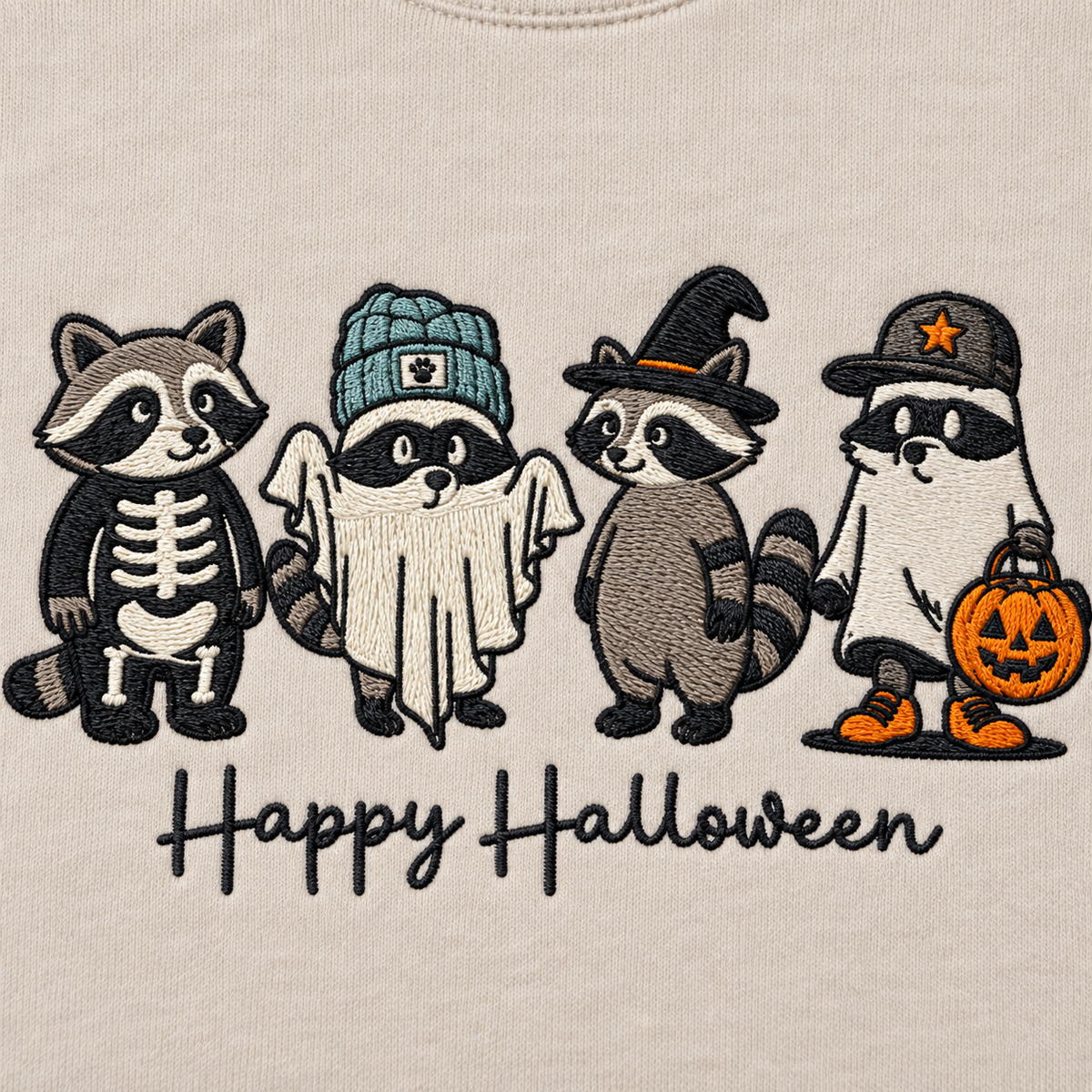 Close-up of machine embroidered Halloween raccoons with visible thread detail