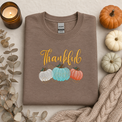 Brown Savanna Gildan Softstyle Thankful pumpkin embroidered sweatshirt fall flat lay