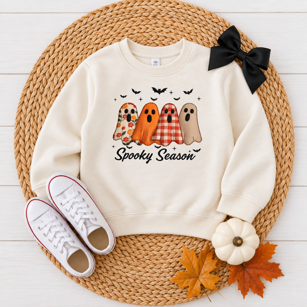 Natural Rabbit Skins toddler sweatshirt with floral, orange, gingham and tan Spooky Season ghosts.