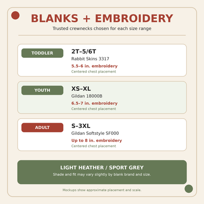 Blank brand embroidery width and center chest placement guide for toddler youth and adult sweatshirts