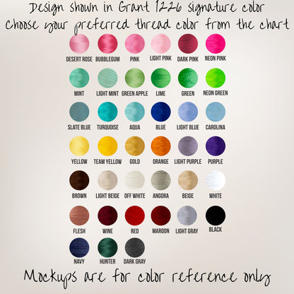 Embroidery thread color chart for custom Wifey sweatshirt, mockups for color reference only
