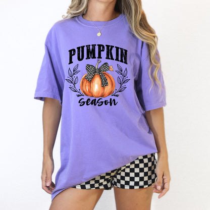 Fall Pumpkin Season Graphic Tee – Autumn Harvest Shirt with Bow – Direct-to-Garment Print, Cozy Fall Outfit