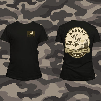 Kansas Duck Hunting T-Shirt – “In the Heart of the Flyway” – Waterfowl Hunter Shirt – Duck Hunting Apparel – Men’s & Women’s Outdoor Camo Style Tee – Gildan Soft Cotton